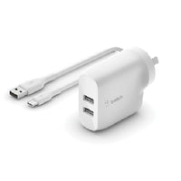 Belkin BoostCharge 24W Dual USB-A Wall Charger + USB-A to USB-C Cable (1M) - White (WCE001au1MWH), 2xUSB-A (12W), CEW $2,500, 2 Years Warranty - Image 1