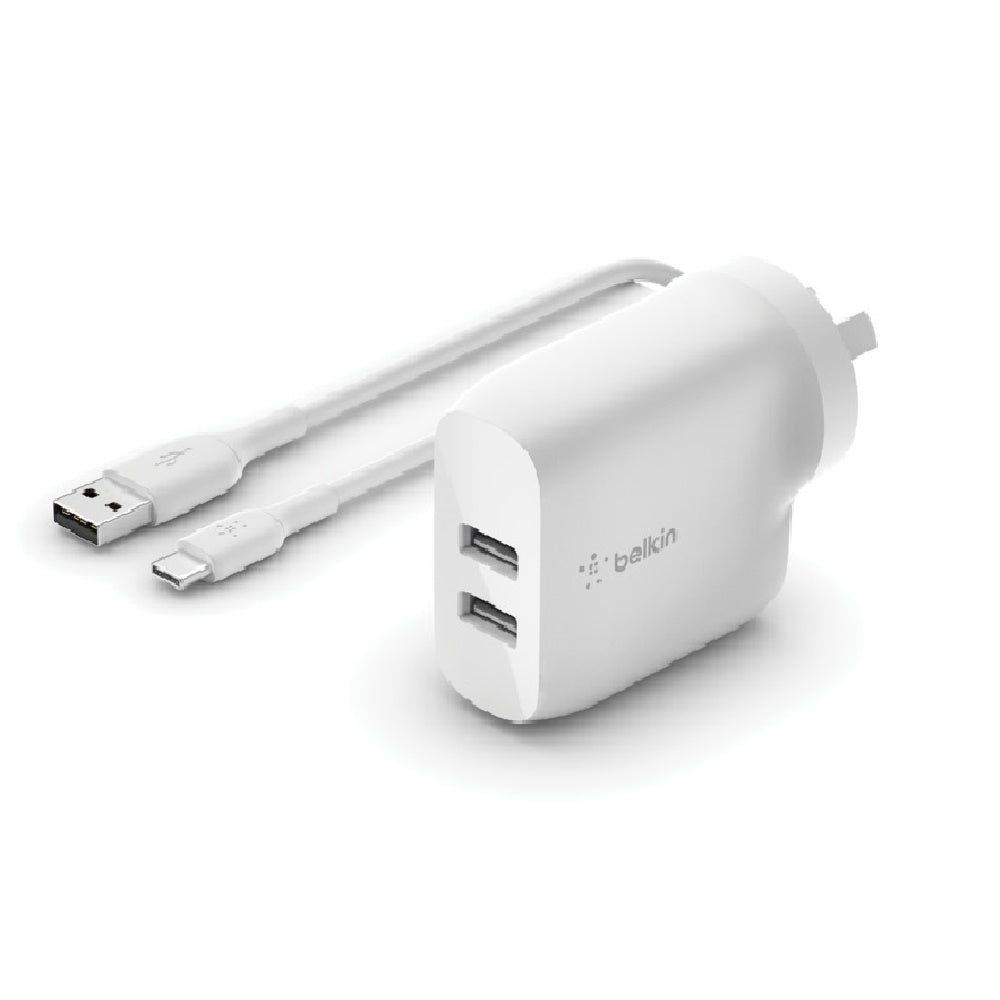 Belkin BoostCharge 24W Dual USB-A Wall Charger + USB-A to USB-C Cable (1M) - White (WCE001au1MWH), 2xUSB-A (12W), CEW $2,500, 2 Years Warranty - Image 1