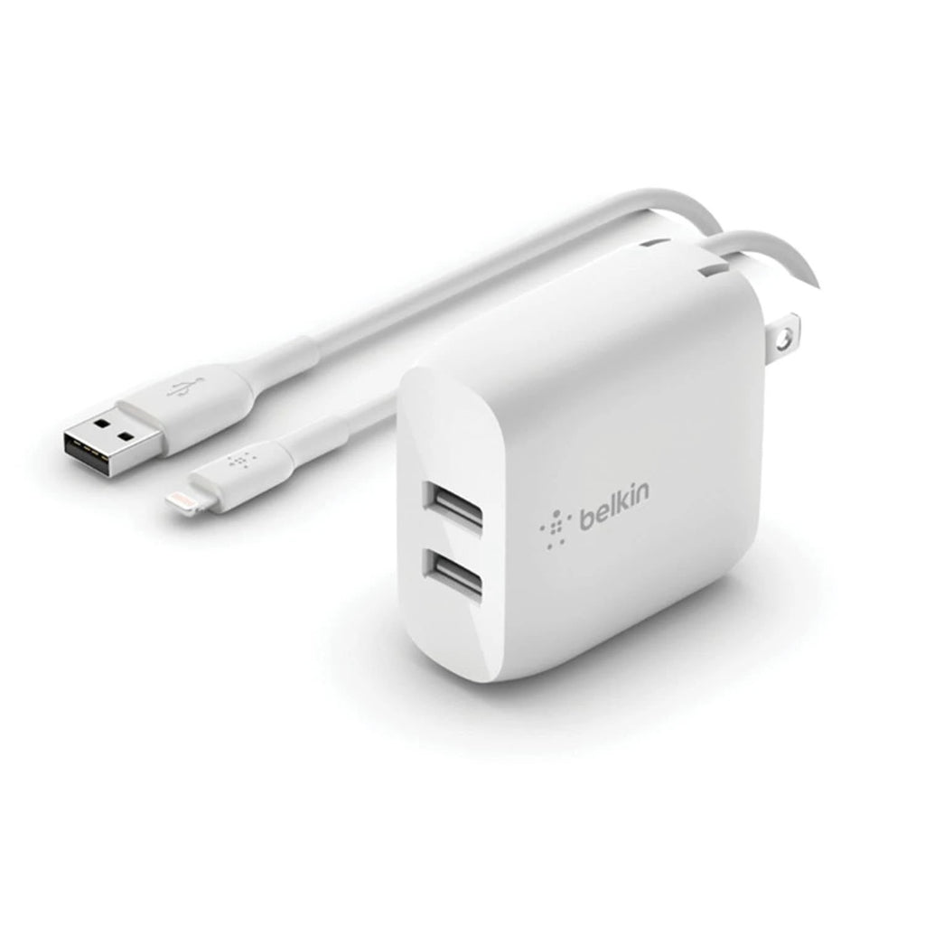 Belkin BoostCharge 24W Dual USB-A Wall Charger + Lightning to USB-A Cable (1M) - White (WCD001au1MWH), 2xUSB-A (12W), CEW $2,500, 2 Years Warranty - Image 1