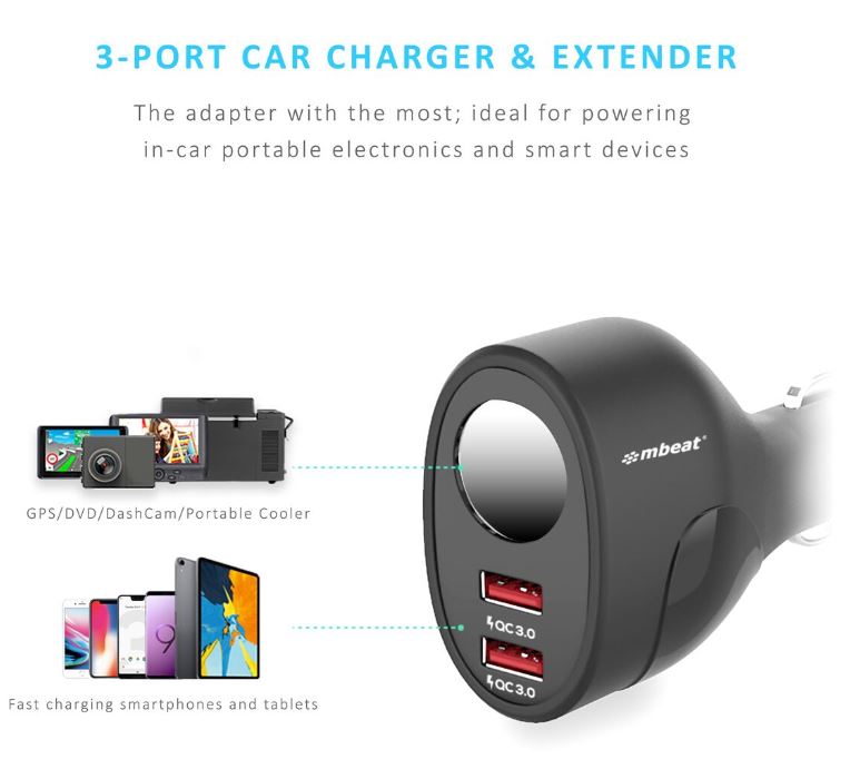 （LS） mbeat®  Gorilla Power Dual Port QC3.0 Car Charger and Cigarette Lighter Extender features built-in over heat Package - Image 2