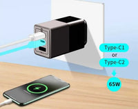Oxhorn 65W GaN Type C fast Charger 3 Port 2xUSB-C 1xUSB-A PD3.0 QC4.0 PPS AUS Approved C-tick Black with 1m cable - Image 3