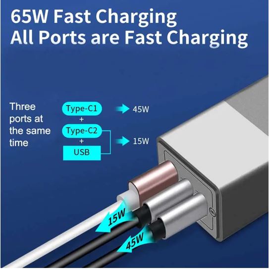 Oxhorn 65W GaN Type C fast Charger 3 Port 2xUSB-C 1xUSB-A PD3.0 QC4.0 PPS AUS Approved C-tick Black with 1m cable - Image 4
