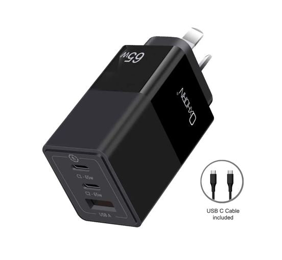 Oxhorn 65W GaN Type C fast Charger 3 Port 2xUSB-C 1xUSB-A PD3.0 QC4.0 PPS AUS Approved C-tick Black with 1m cable - Image 5