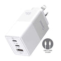 Oxhorn 65W GaN Type C fast Charger 3 Port 2xUSB-C 1xUSB-A PD3.0 QC4.0 PPS AUS Approved C-tick White with cable - Image 1