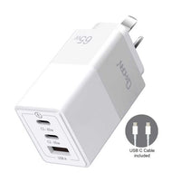Oxhorn 65W GaN Type C fast Charger 3 Port 2xUSB-C 1xUSB-A PD3.0 QC4.0 PPS AUS Approved C-tick White with cable - Image 1