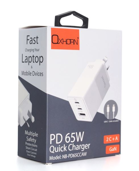 Oxhorn 65W GaN Type C fast Charger 3 Port 2xUSB-C 1xUSB-A PD3.0 QC4.0 PPS AUS Approved C-tick White with cable - Image 2