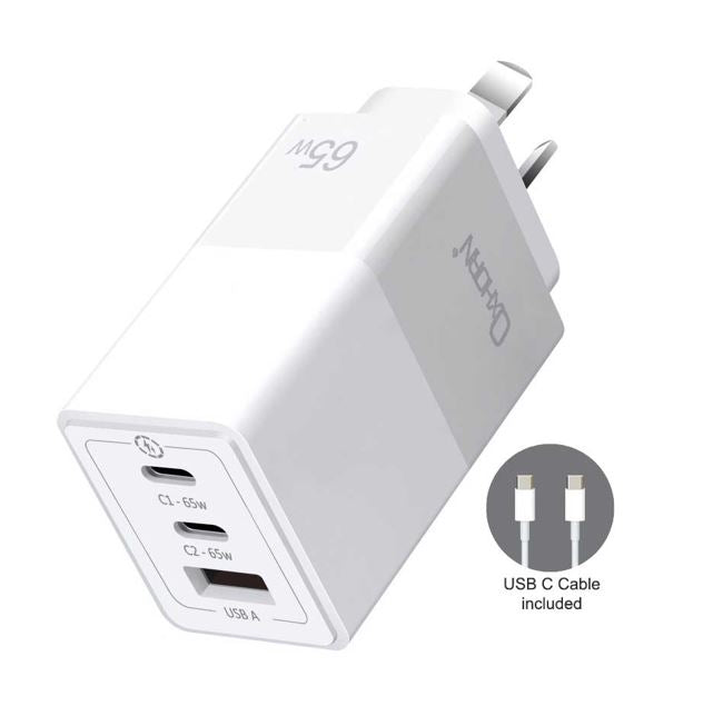 Oxhorn 65W GaN Type C fast Charger 3 Port 2xUSB-C 1xUSB-A PD3.0 QC4.0 PPS AUS Approved C-tick White with cable - Image 1