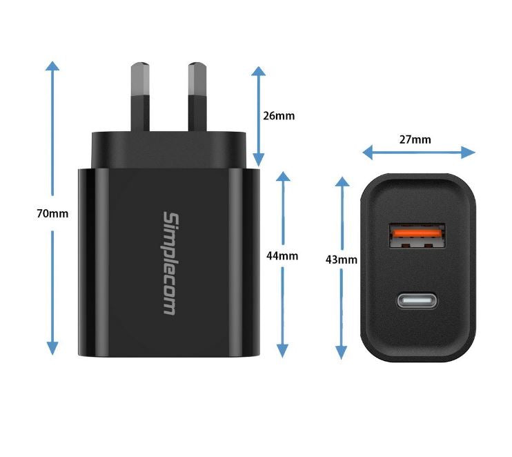 Simplecom CU220 Dual Port PD 20W Fast Wall Charger USB-C + USB-A for Phone Tablet - Image 2