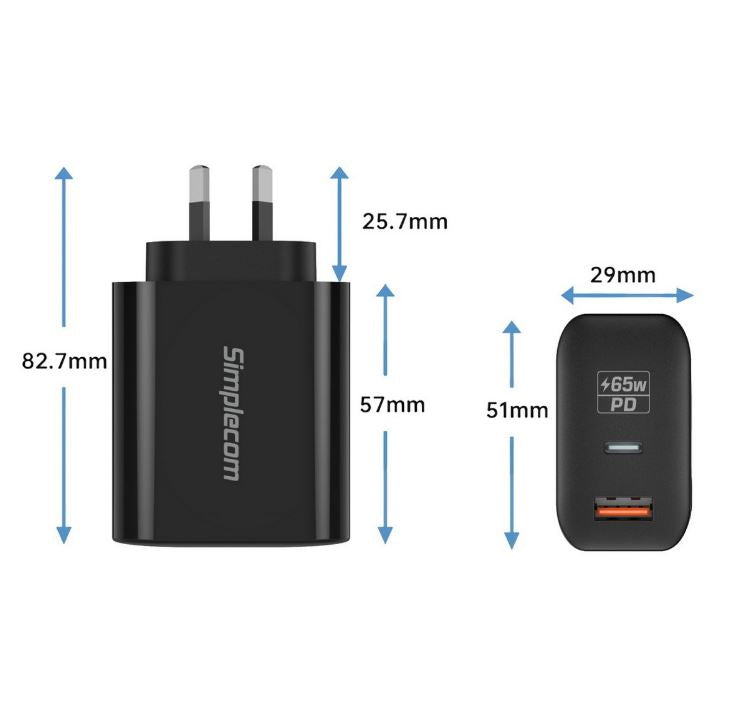 Simplecom CU265 Dual Port PD 65W GaN Fast Wall Charger USB-C + USB-A for Phone Laptop - Image 3