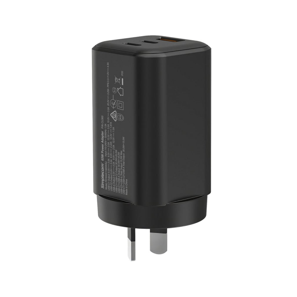 Simplecom CU365 3-Port PD 65W GaN Wall Charger Dual USB-C + USB-A for Phone Laptop - Image 3