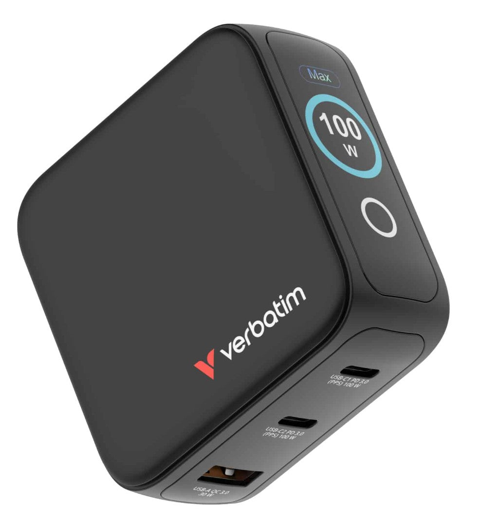 Verbatim Mini GaN Charger 100W with Display  Compact 3-port wall charger with USB-C® Power Delivery and Quick Charge 3.0 - Image 1