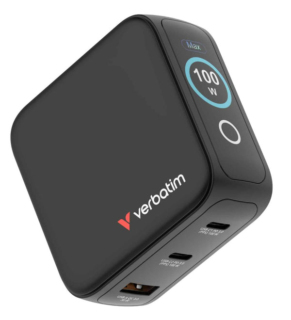Verbatim Mini GaN Charger 100W with Display  Compact 3-port wall charger with USB-C® Power Delivery and Quick Charge 3.0 - Image 1