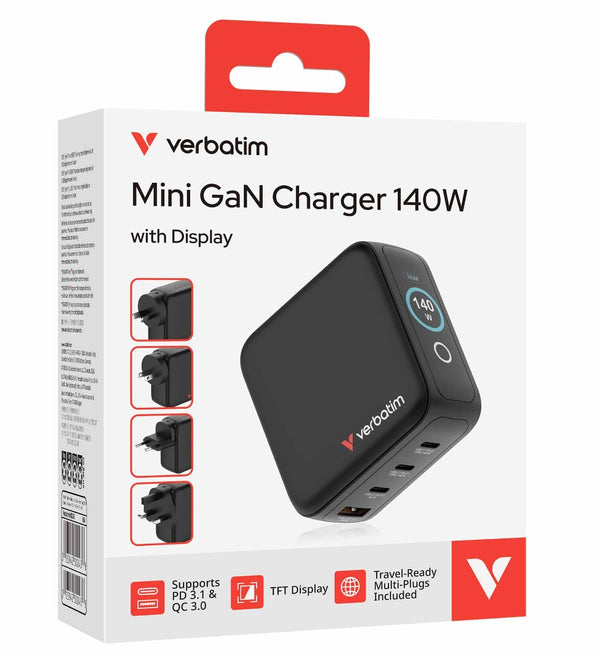 Verbatim Mini GaN Charger 140W with Display  Premium 4-port GaN wall charger with three USB-C® and one USB-A port - Image 1