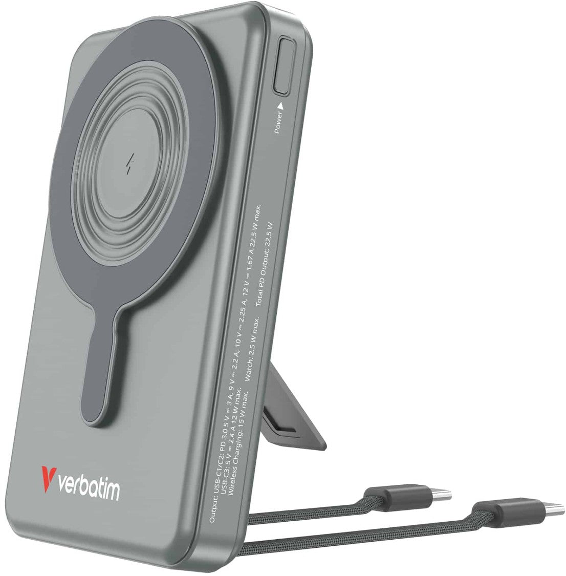 Verbatim Power Bank Magnetic Wireless 10.000 mAh C+C Display - Grey - Image 2