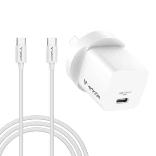 Verbatim Mini GaN 20W USB-C Charger, PD 3.0, PPS, QC 3.0, with 1m USB-C to USB-C Cable (60W, USB 2.0), AU Plug, White, OCP/OVP/SCP/OTP Protection - Image 2