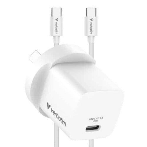 Verbatim Mini GaN 20W USB-C Charger, PD 3.0, PPS, QC 3.0, with 1m USB-C to USB-C Cable (60W, USB 2.0), AU Plug, White, OCP/OVP/SCP/OTP Protection - Image 1