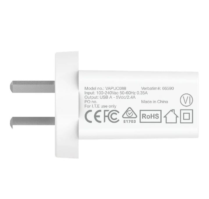 Verbatim USB Charger Single Port 2.4A - White Single Port Wall Charger Rohs, CE, Apple, Android, tablet, Handheld. OC, OV, SS, OT, Fire Resistant. - Image 3