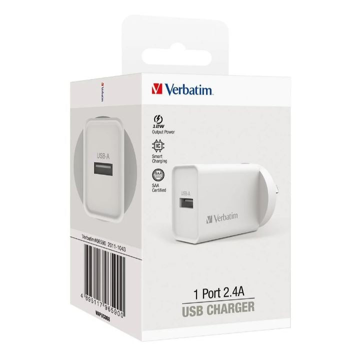Verbatim USB Charger Single Port 2.4A - White Single Port Wall Charger Rohs, CE, Apple, Android, tablet, Handheld. OC, OV, SS, OT, Fire Resistant. - Image 4