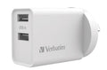 Verbatim USB Charger Dual Port 2.4A each Total 5v 3.4A White Wall Charger, Rohs, CE, Apple, Android, tablet, Handheld. OC, OV, SS, OT, Fire Resistant. - Image 1