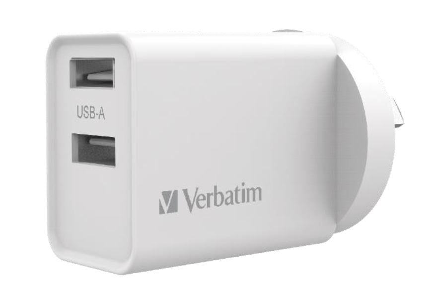 Verbatim USB Charger Dual Port 2.4A each Total 5v 3.4A White Wall Charger, Rohs, CE, Apple, Android, tablet, Handheld. OC, OV, SS, OT, Fire Resistant. - Image 1