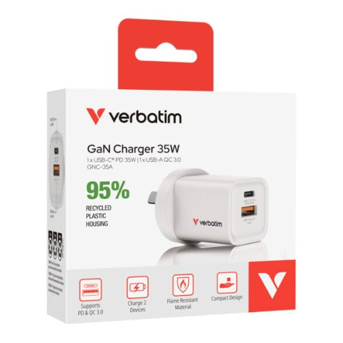 Verbatim 2 Port 35 Watt Portable GaN charger, 1 x USB-C PD 35w, 1x USB-A QC 3.0, Compact Design Apple, Android, Samsung, Google, Huawei, Oppo - Image 5