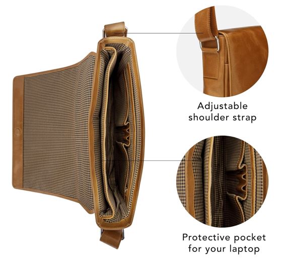 Marselisborg 14" Leather Messenger Business Laptop Bag Handcrafted Golden Tan Briefcase Durable Adjustable Shoulder Strap Fits 14" 13.3" 12" Notebook - Image 3