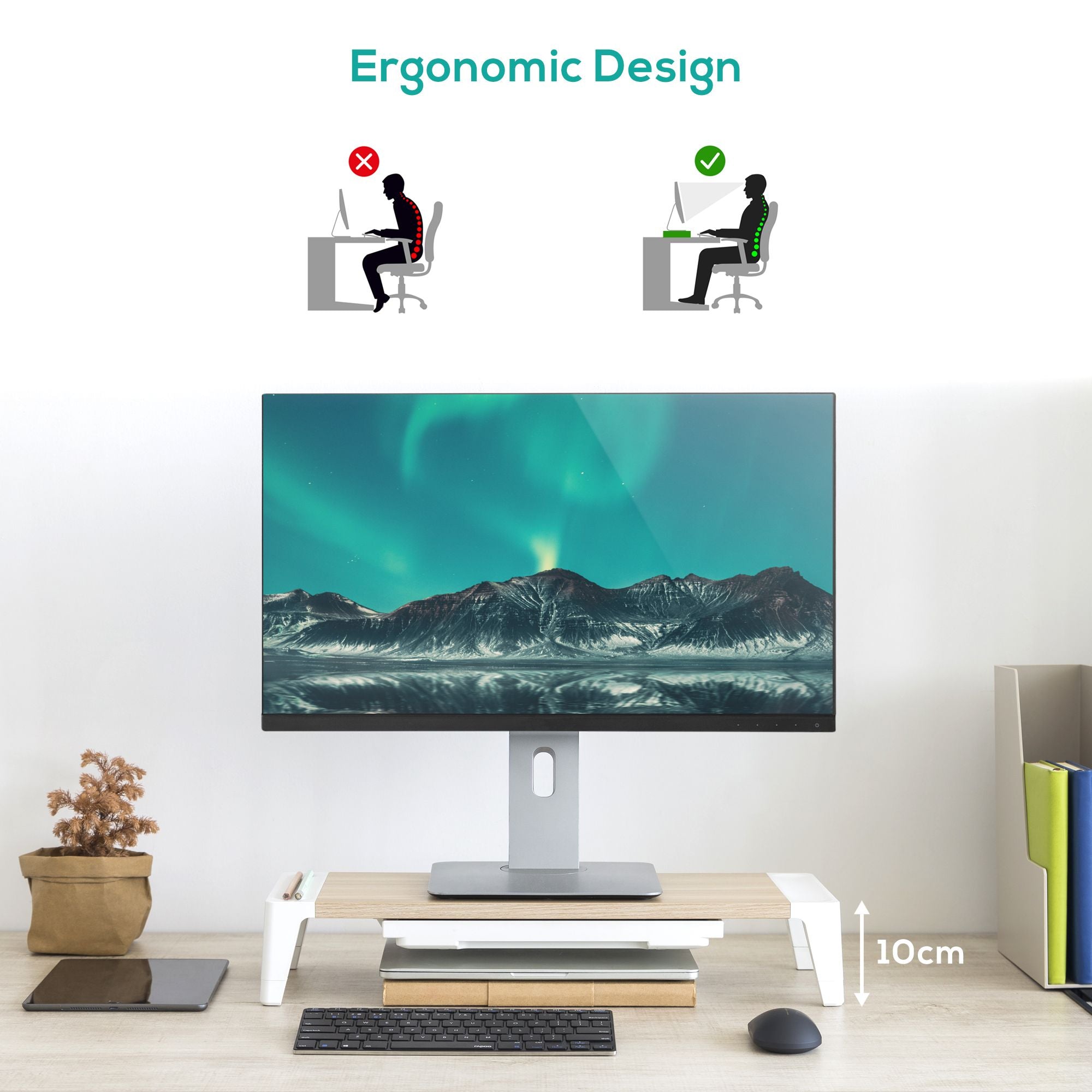 mbeat® activiva Eroglife Monitor Stand Riser with Storage Drawer -  Ergonomic Design, Reduces Eye Strain and Improves Work Posture, White Oak - Image 2