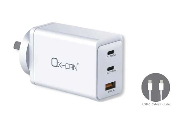 Oxhorn Charger Accessories AC 100W GaN Type C fast Charger 3 Ports 2xUSB-C 1xUSB-A PD3.0 QC4.0+ PPS for Laptop/Mobile/Tablet/Other Device White - Image 1