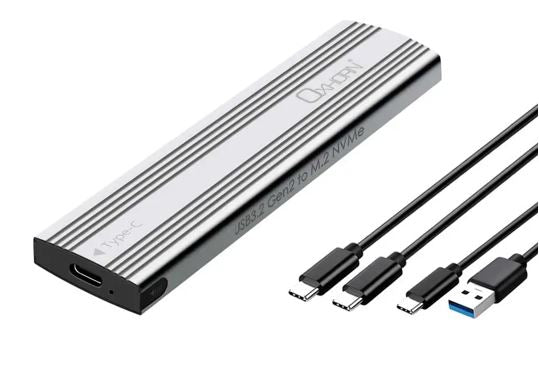 Oxhorn  USB C 3.2 Gen 2 M.2 NVMe NGFF Enclosure 10 Gbps B+M Key M.2 NVMe SSD up to 4TB 2280/2260/2242/2230 Aluminum Macs Windows USB-A Silver 2 YR WTY - Image 1