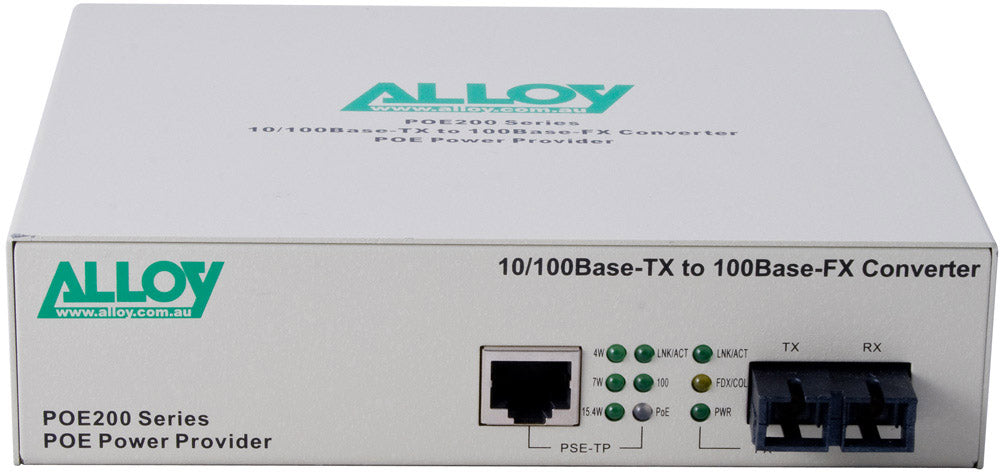 Alloy POE200SC PoE PSE Fast Ethernet Media Converter, has a 10/100Mbps PoE RJ-45 port and a SC terminated multimode fibre port - Image 2