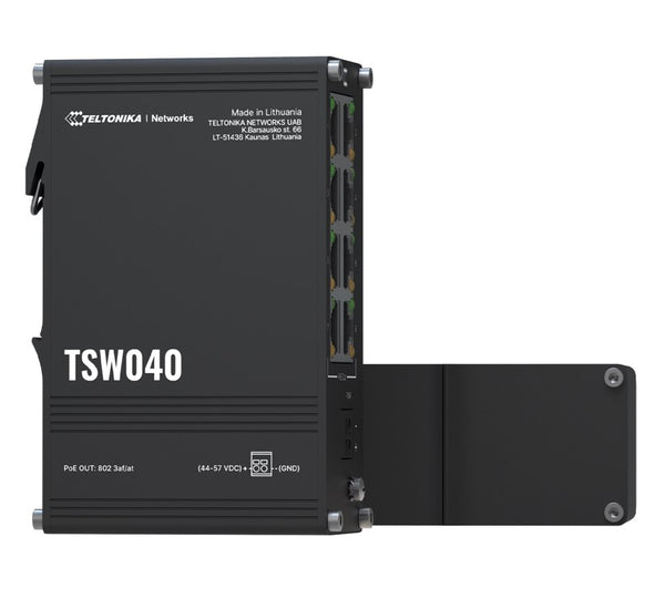 Teltonika TSW040 - 8-port PoE+ Switch (7-57 VDC, or 44-57 VDC for PoE-out) Integrated DIN Rail Bracket - 10/100 Mbps, supports auto MDI/MDIX crossover