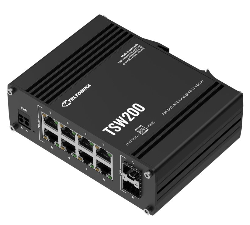 Teltonika TSW200 Industrial PoE+ Ethernet Switch, 2x SFP Ports, 8x PoE+ Ports with speeds up to 1000 Mbps, Power Up to 240 W, PSU excluded - Image 3