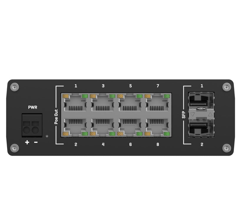 Teltonika TSW200 Industrial PoE+ Ethernet Switch, 2x SFP Ports, 8x PoE+ Ports with speeds up to 1000 Mbps, Power Up to 240 W, PSU excluded - Image 4