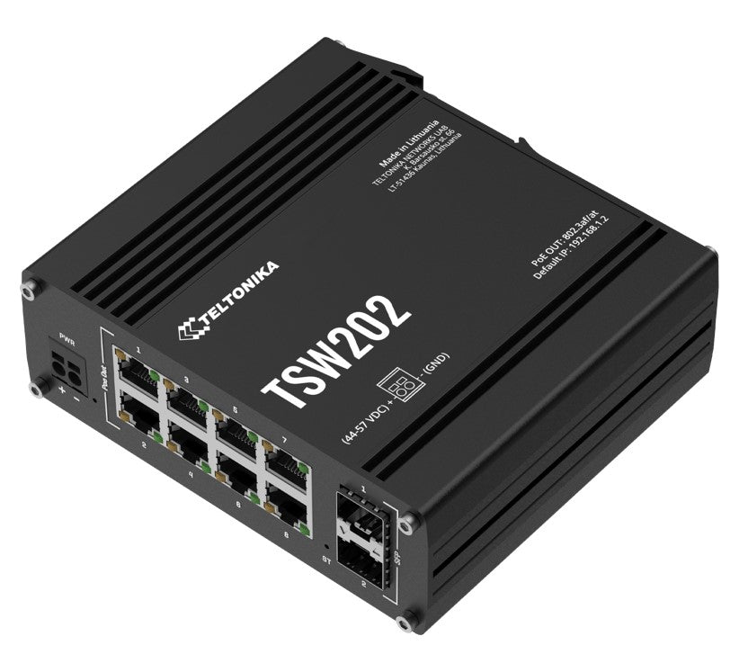 Teltonika TSW202 Managed PoE+ Ethernet Switch, Supports Profinet, 2 SFP Ports, 8 Gigabit Ethernet Ports Providing 30W of Power Each, PSU excluded - Image 3