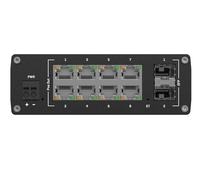 Teltonika TSW202 Managed PoE+ Ethernet Switch, Supports Profinet, 2 SFP Ports, 8 Gigabit Ethernet Ports Providing 30W of Power Each, PSU excluded - Image 4