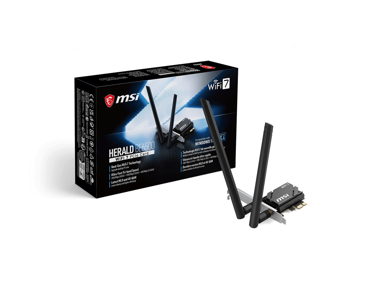 MSI HERALD BE6500 WiFi 7 PCIe Card, Tri-Band WiFi 7, BE6500, BT 5.4, PCIe x1, 2x2 up to 2882Mbps, WPA3, Win11 - Image 1