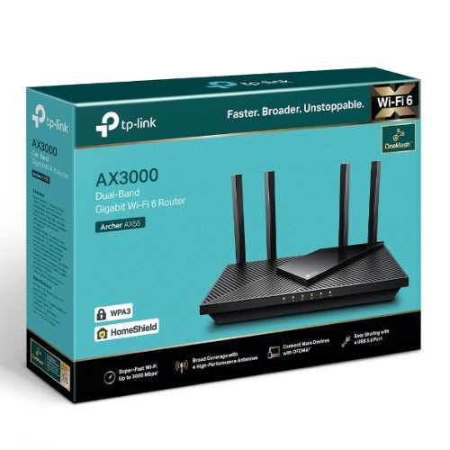 TP-Link Archer AX55 AX3000 Dual Band Gigabit Wi-Fi 6 Router, 2402 Mbps 5GHz, OFDMA, OneMesh, 4x High-Gain Antenna, Improved Battery, Alexa Compatible - Image 1