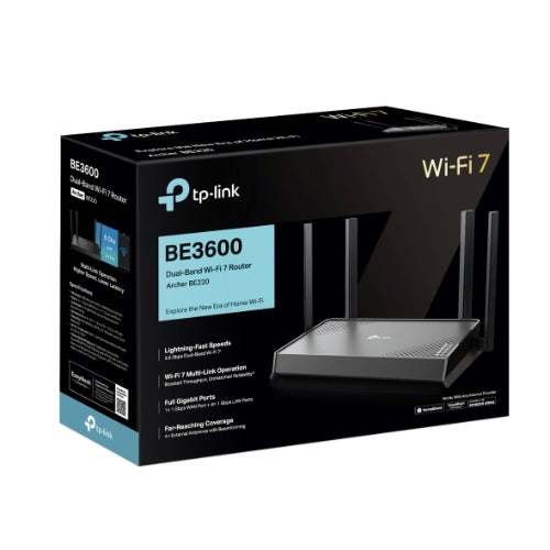 TP-Link Archer BE220 BE3600 Dual-Band Wi-Fi 7 Router(WIFI7) 688Mbps 2.4 GHz + 2882 Mbps  5 GHz,  4× external Antennas, 2.0 GHz Quad-Core CPU - Image 1