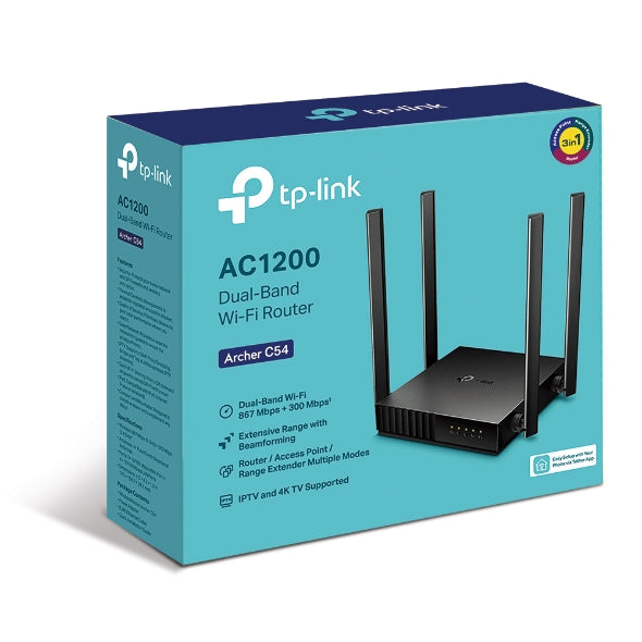 (E)TP-Link Archer C54 AC1200 Dual-Band Wi-Fi Router 2.4GHz 300Mbps 5GHz 867Mbps 4xLAN 1xWAN 4xAntennas, WPS, Router Access Point and Range Extender Mo - Image 1