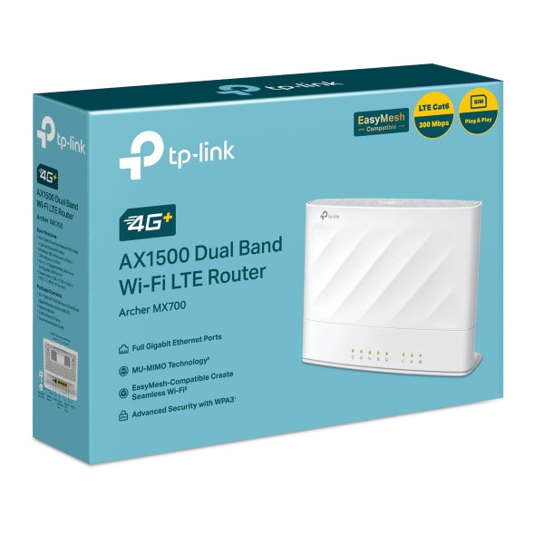 TP-Link Archer MX700 4G+ AX1500 Dual Band Wi-Fi LTE Router with Cat6 300 Mbps 4G+, AX1500 dual-band, nano SIM, 1×WAN/LAN + 3×LAN, and external antenna - Image 5