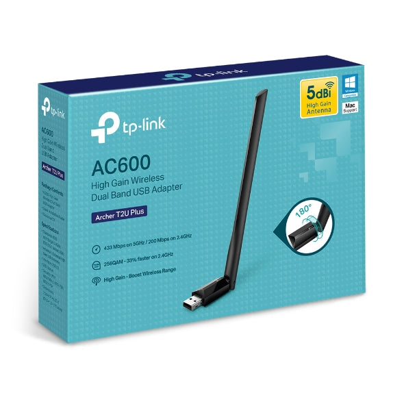 TP-Link Archer T2U Plus AC600 High Gain Wi-Fi Dual Band USB Adapter,433Mbps at 5GHz + 200Mbps at 2.4GHz, USB 2.0, 1 high gain antenna - Image 1