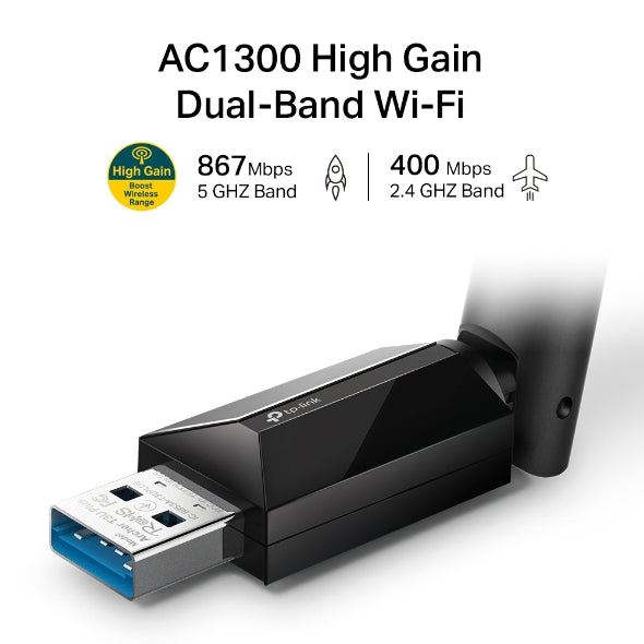 TP-Link Archer T3U Plus AC1300 High Gain Wi-Fi Dual Band USB Adapter,  867Mbps at 5GHz + 400Mbps at 2.4GHz, USB 3.0, 1xHigh Gain External Antenna, MU- - Image 3