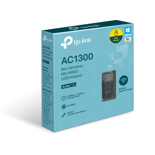 (CH)TP-Link Archer T3U AC1300 Mini Wireless MU-MIMO USB Adapter，Mini Size, 867Mbps at 5GHz + 400Mbps at 2.4GHz, USB 3.0