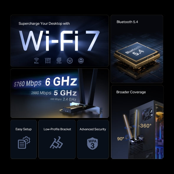 TP-Link Archer TBE552E BE9300 Wi-Fi 7 Bluetooth 5.4 PCIe Adapter, 5760 Mbps at 6 GHz + 2880 Mbps at 5 GHz + 688 Mbps at 2.4 GHz, 2× High Gain Tri-Band - Image 4