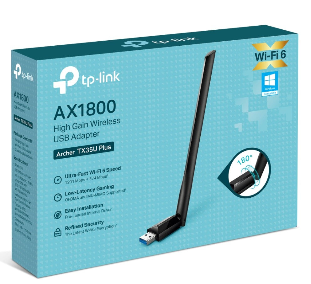 TP-Link Archer TX35U Plus AX1800 High Gain Wireless USB Adapter, 1201 Mbps at 5 GHz + 574 Mbps at 2.4 GHz, 1× High Gain External Antenna, USB 3.0
FEA - Image 1