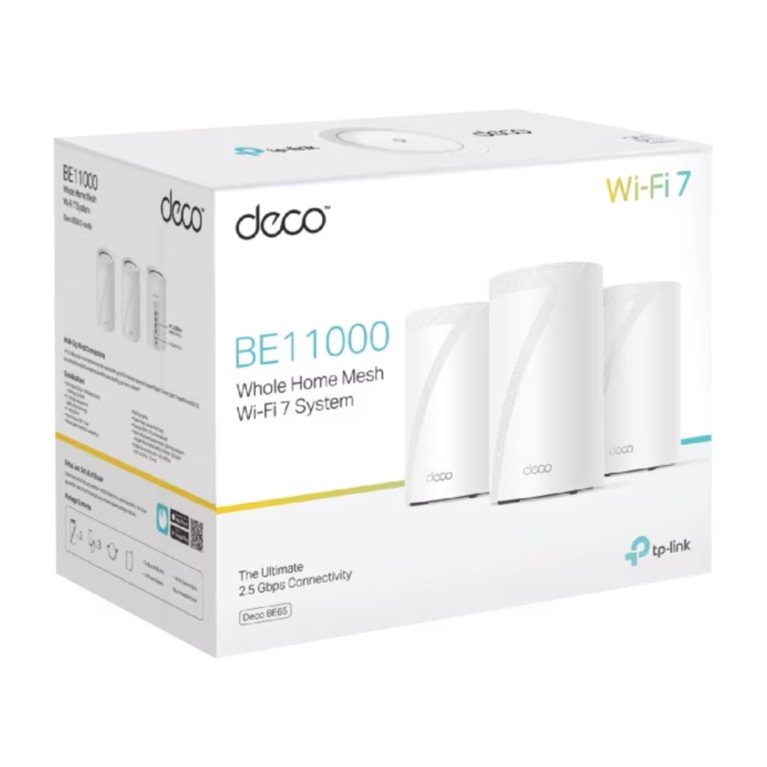 TP-Link Deco BE65(3-pack) BE11000 Whole Home Mesh Wi-Fi 7 System (WIFI7) , 574 Mbps at 2.4 GHz + 4320 Mbps at 5 GHz + 5760 Mbps at 6 GHz - Image 1