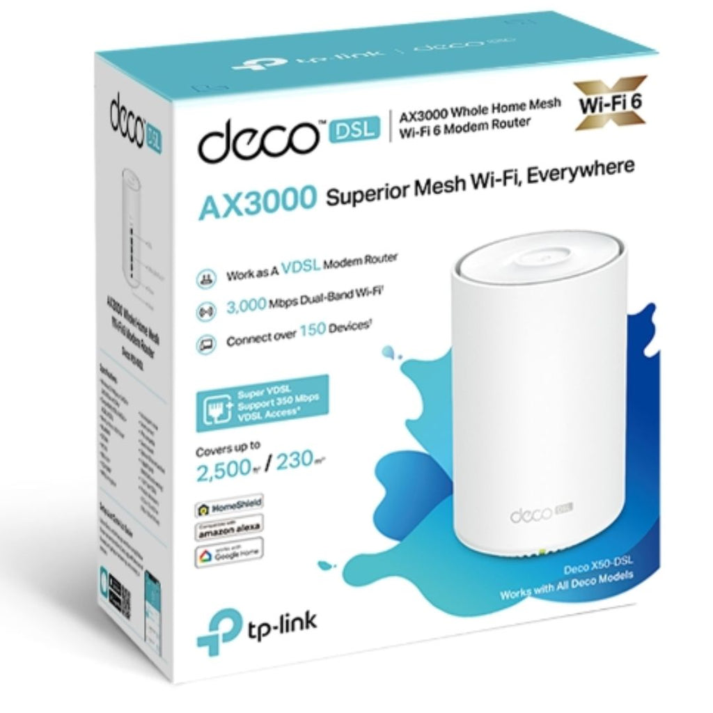 TP-Link Deco X50-DSL(1-pack) AX3000 VDSL Whole Home Mesh WiFi 6 Router, 574 Mbps at 2.4 GHz + 2402 Mbps at 5 GHz, VDSL Profile 35b 350/60 Mbps - Image 1