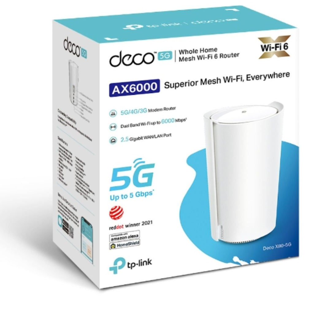 (E)(CH)TP-Link Deco X80-5G(1-pack) 5G AX6000 Whole Home Wi-Fi 6 Gateway,  4804Mbps at 5 GHz + 1148Mbps at 2.4 GHz, 5G 5Gbps/900Mbps, 4G+ Cat20 2Gbps/2 - Image 1