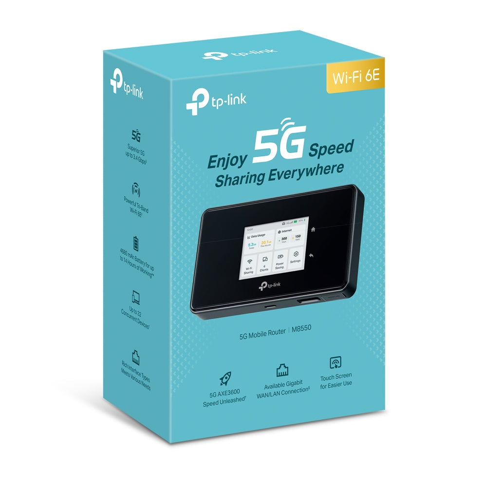 TP-Link M8550 5G Mobile Wi-Fi, 2880 Mbps at 6 GHz or 2880 Mbps at 5 GHz 688 Mbps at 2.4 GHz, 5G 3.4Gbps/900Mbps, 4G Cat19 1.6Gbps/2 - Image 1