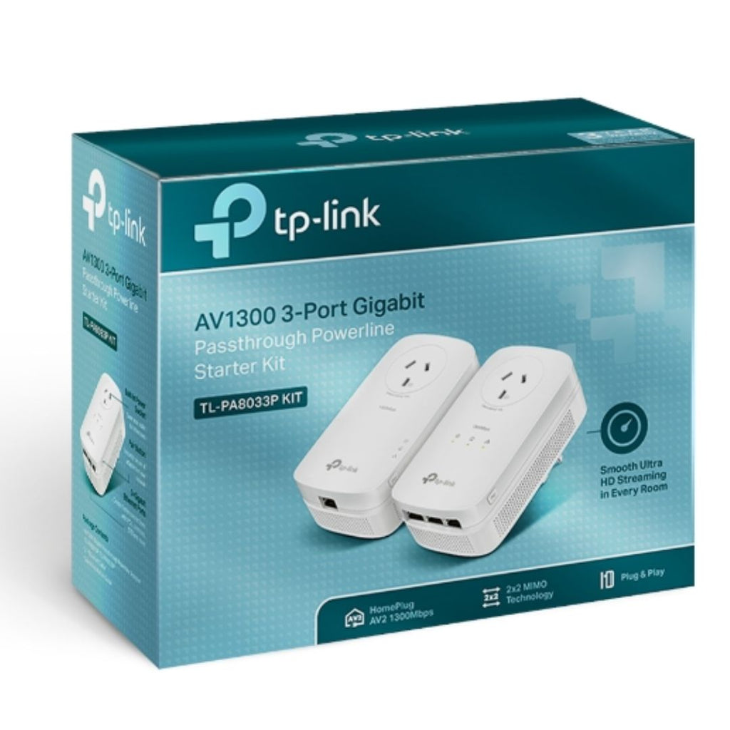 TP-Link TL-PA8033P KIT AV1300 Passthrough Powerline KIT, Qualcomm, 3 Gigabit Ports, 1300Mbps Powerline, 2*2 MIMO,  HomePlug AV2, New PLC Utility, Twin - Image 1